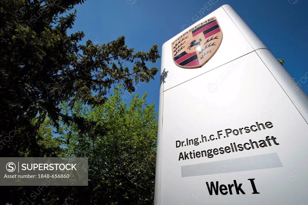 Signage, Porsche Aktiengesellschaft Werk I, Porsche factory in Zuffenhausen, Stuttgart, Baden-Wuerttemberg, Germany, Europe
