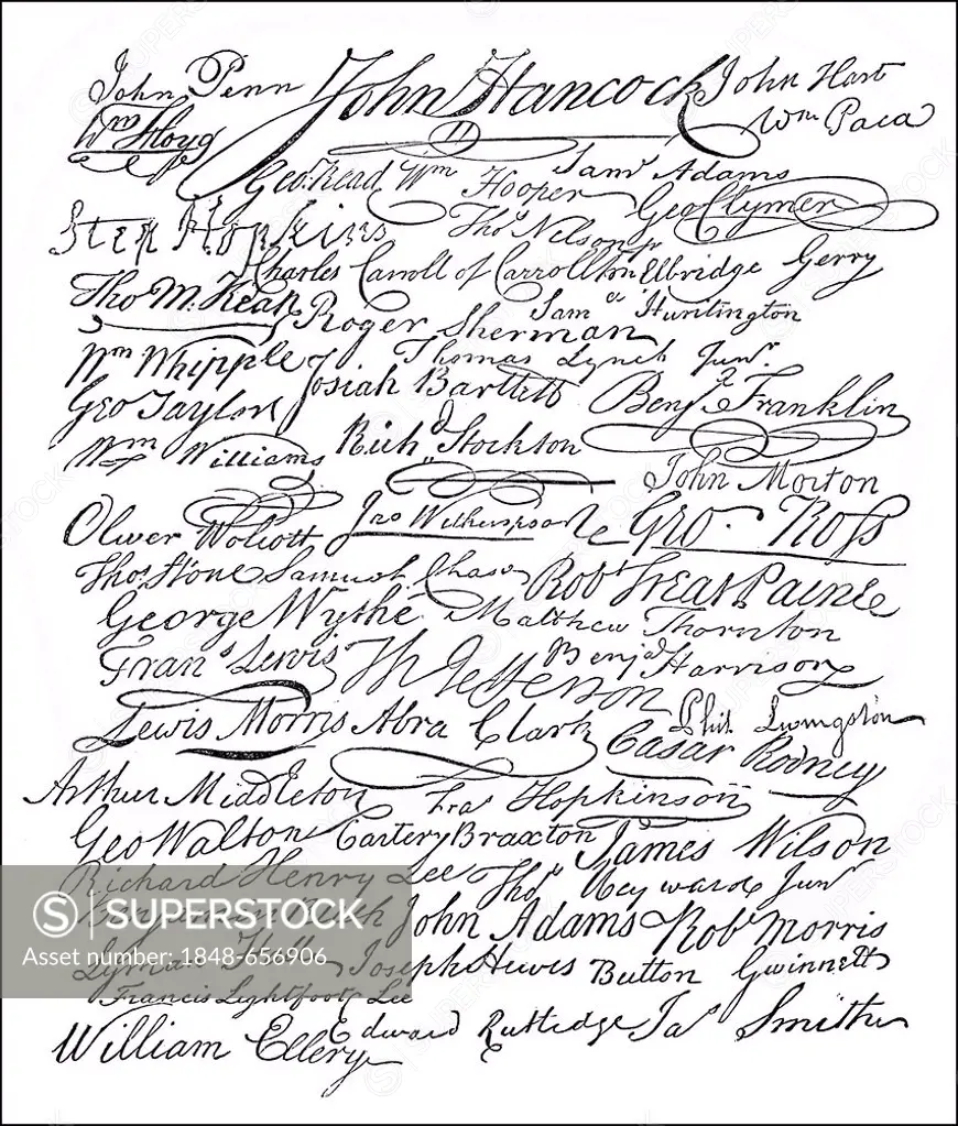 Historical facsimile, US-American history, 18th century, signatures on the Declaration of Independence of the United States of America also known as T...