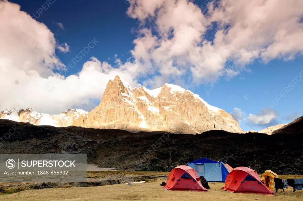 Camp in front of Mt Nevado Cuyos, Cordillera Huyhuash mountain range, Andes, Peru, South America