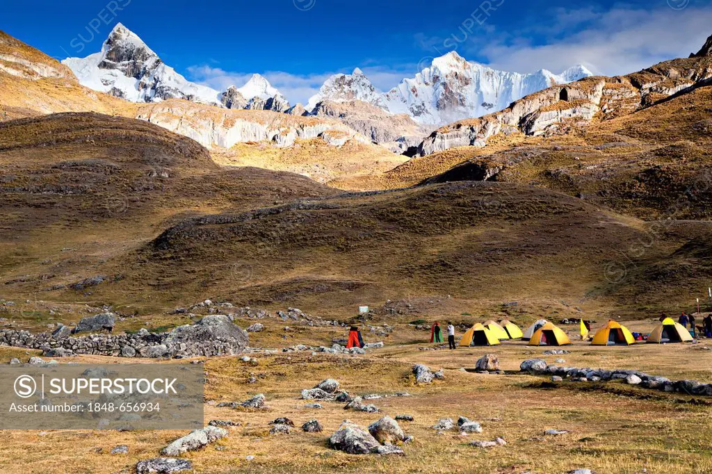 Camp at the Cordillera Huayhuash mountain range, Andes, Peru, South America