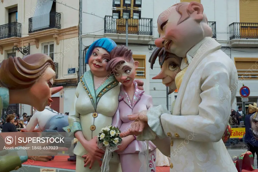 Crude carnival characters and satirical sculptures at a parade, Fallas festival, Falles festival in Valencia in early spring, Spain, Europe