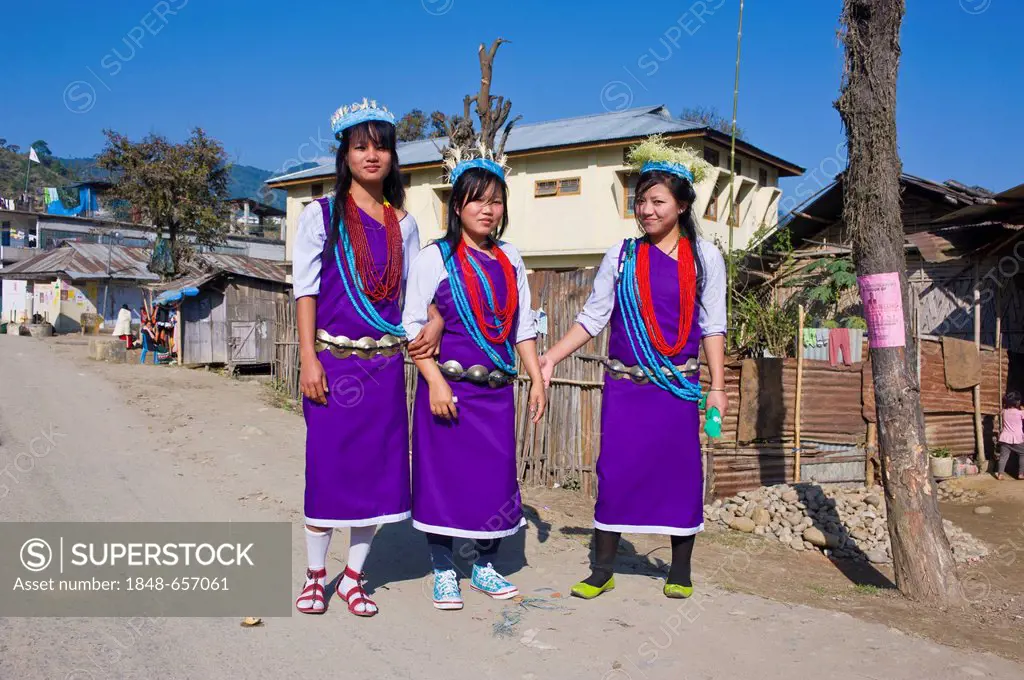 Group of traditionally dressed young women from the Hillmiri ethnic group in Arunachal Pradesh, North East India, India, Asia