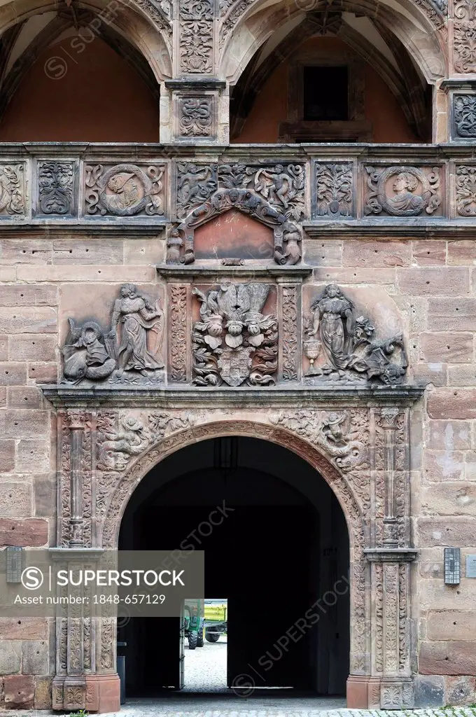 Plassenburg Castle, exit gate from Schoener Hof, beautiful courtyard, with the coat of arms of the Margrave of Brandenburg-Kulmbach above the gate, bu...