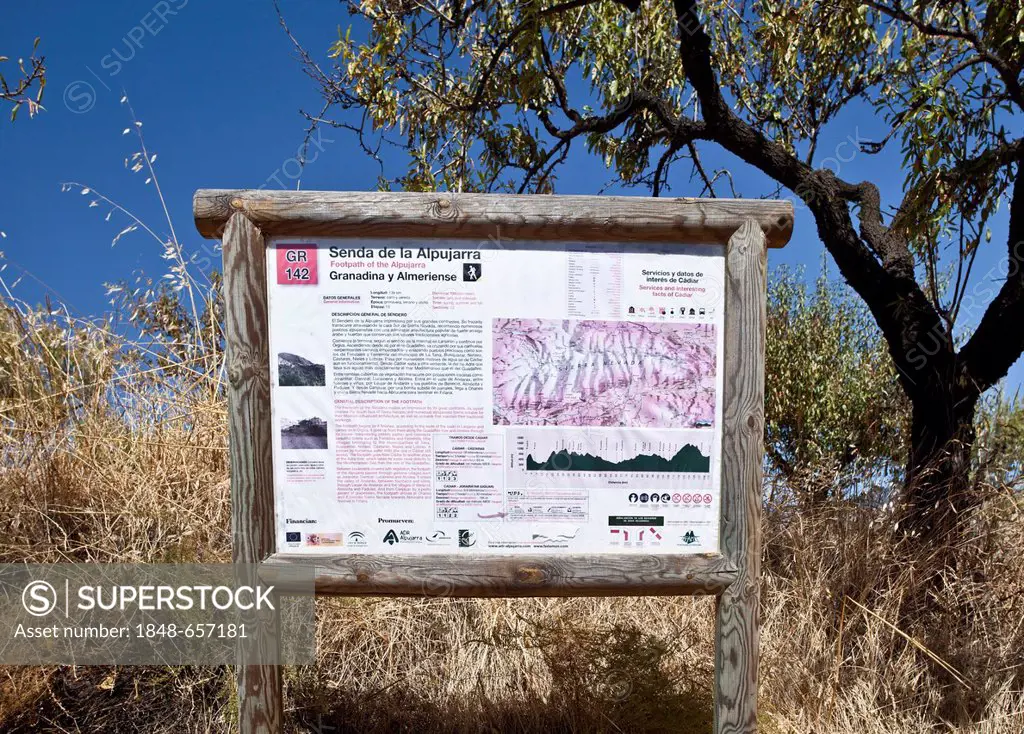 Information board for hikers near Cadiar, La Alpujarra or Las Alpujarras region, Andalusia, Spain, Europe
