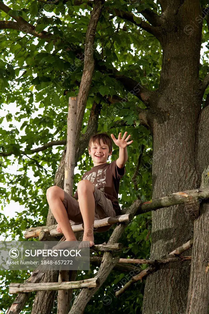 Boy sitting at a tree house