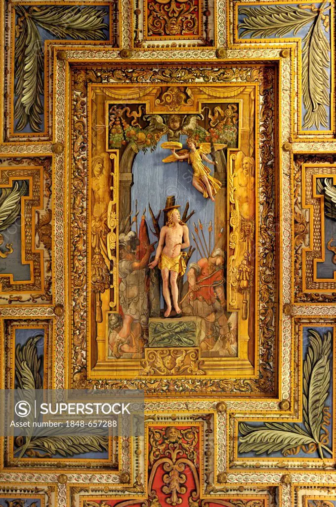 St. Sebastian on the wooden coffered ceiling of the Basilica of San Sebastiano fuori le mura above the Catacombs of San Sebastiano, Via Appia Antica, ...