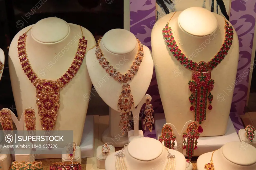 Necklaces with rubies and emeralds, gold market, Dubai, United Arab Emirates, Middle East