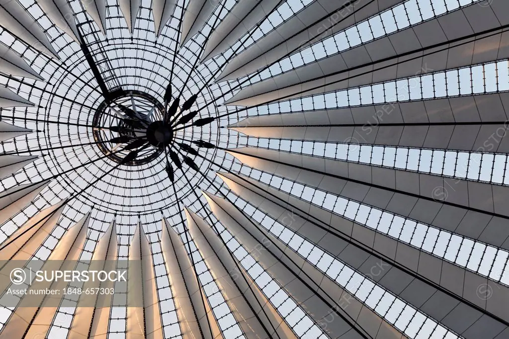 Huge, fanned tent roof, spectacular roof structure at the Sony Center, Potsdamer Platz, Berlin, Germany, Europe