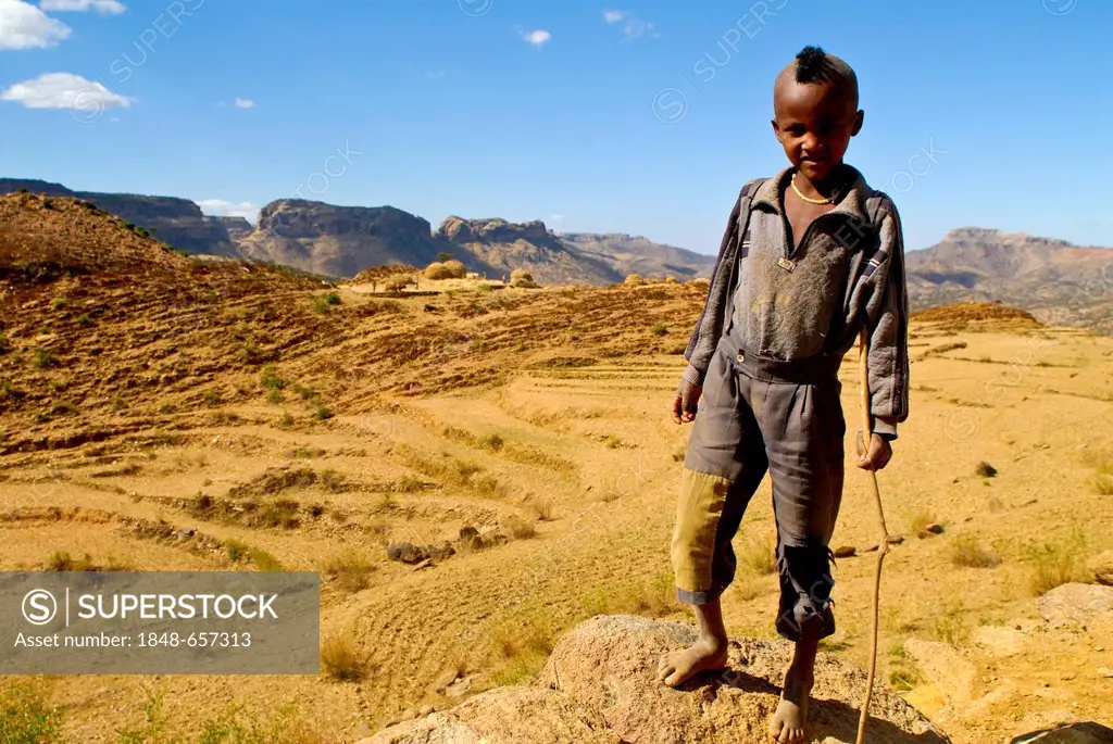 Black boy with a mohawk hairdo standing in front of the barren landscape of northern Ethiopia, Ethiopia, Africa