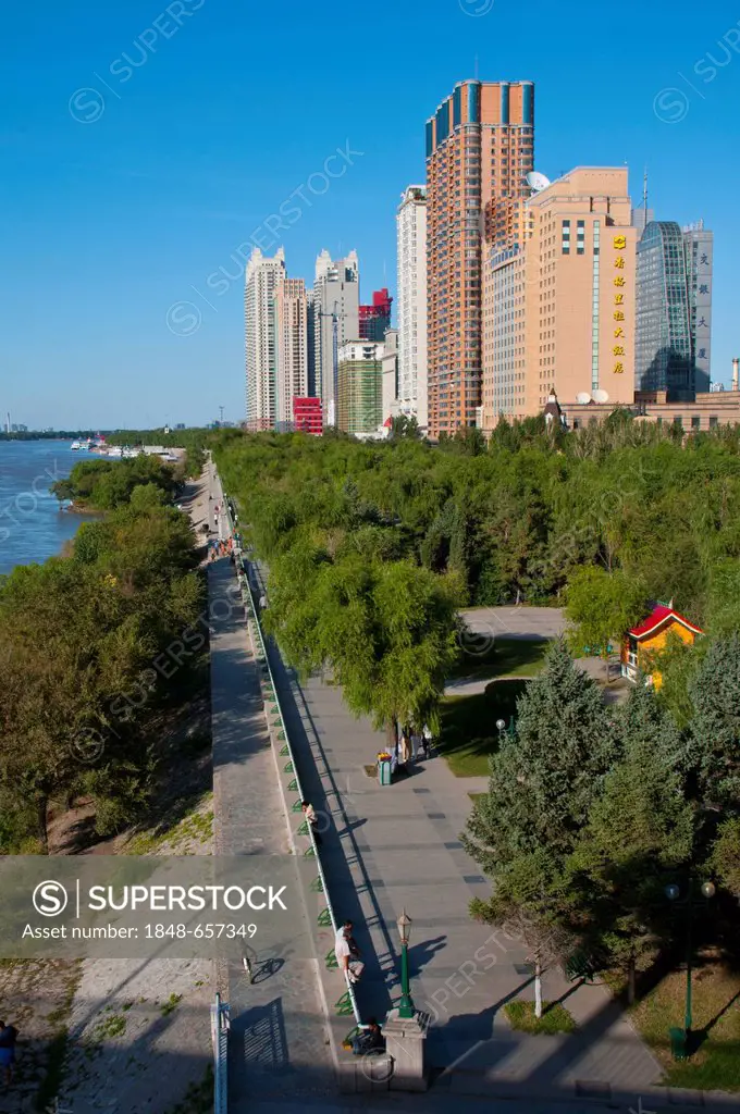 The skyline of Harbin with the Songhua River, Heilongjiang, China, Asia