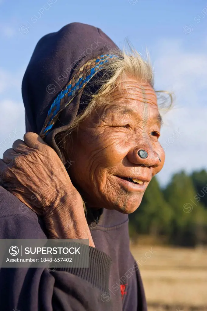 Elderly woman of the Apatani ethnic group, known for the pieces of wood in their nose to make them less attractive to rival tribes, Ziro, Arunachal Pr...