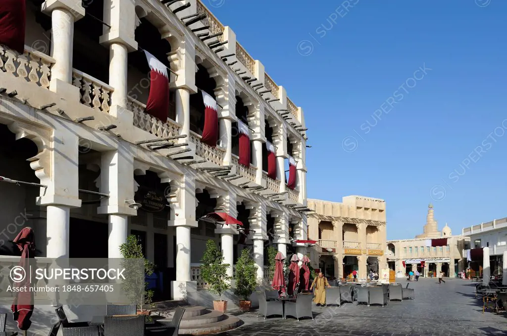 Restaurant in the Souq al Waqif, oldest souq or bazaar of the country, Doha, Qatar, Arabian Peninsula, Persian Gulf, Middle East, Asia