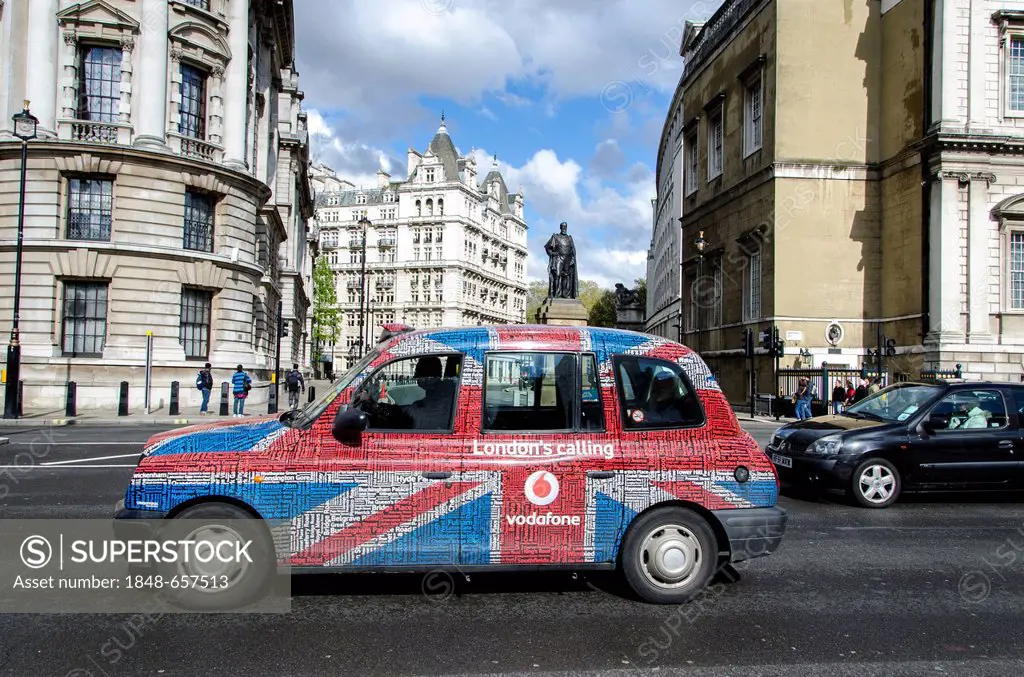 London taxi with a Union Jack design, London, South England, England, United Kingdom, Europe