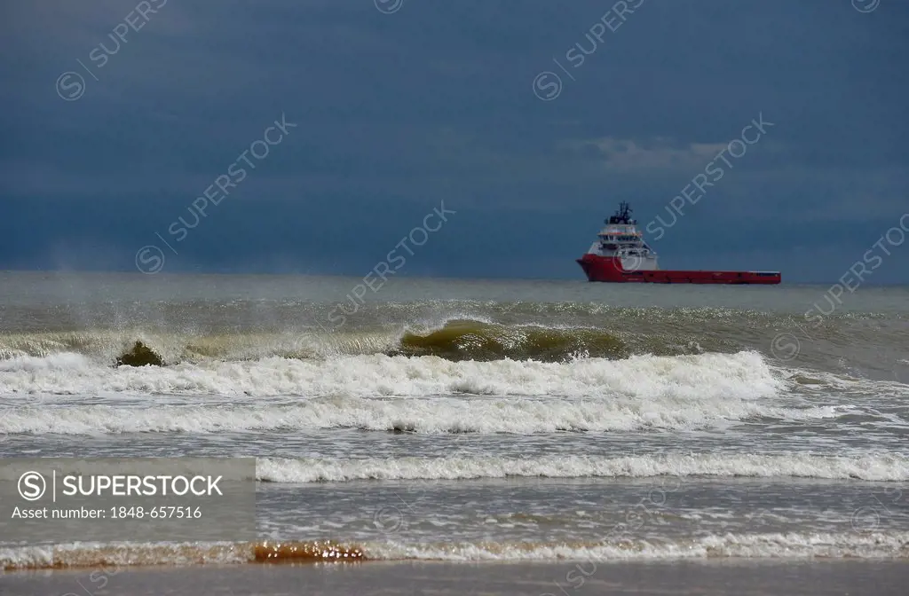 Stormy weather with an ocean-going ship to supply oil rigs, stormy sea, Aberdeen, Scotland, United Kingdom, Europe