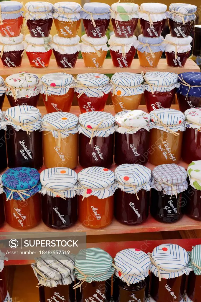 Jam jars, farmers' market at Kaiser-Josef-Platz square, Graz, Styria, Austria, Europe