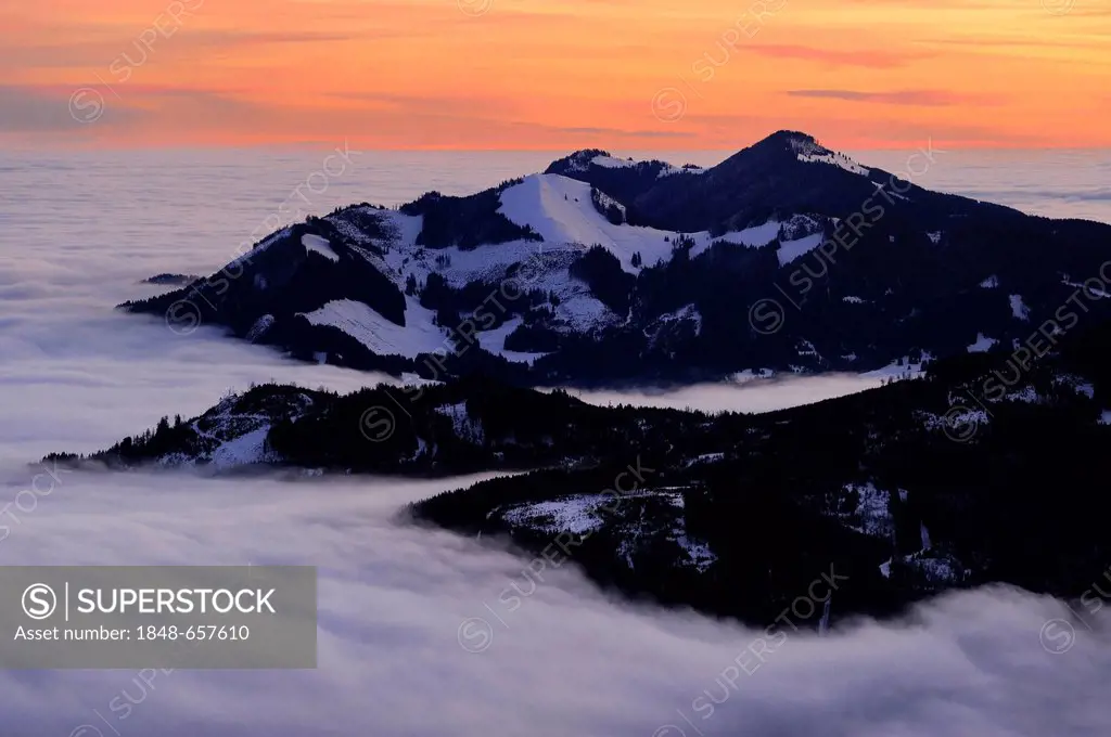 Sunrise above mountain tops with fog, Sonthofen, Allgaeu, Bavaria, Germany, Europe
