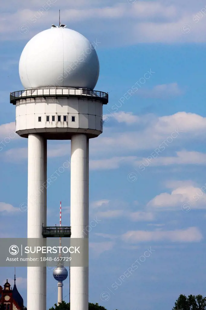 Old radar tower at the former Berlin Tempelhof Airport, TV tower at Alexanderplatz at back, Berlin, Germany, Europe