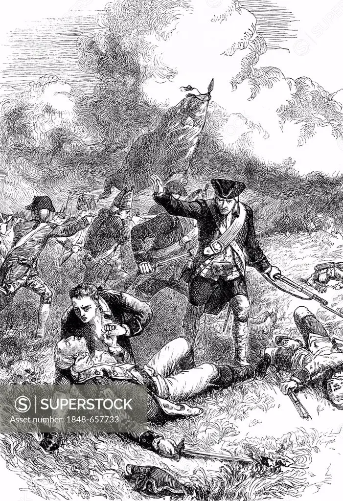 Historical scene, US-American history, 18th century, the death of John Pitcairn, 1722 - 1775, a British naval officer during the American Revolutionar...