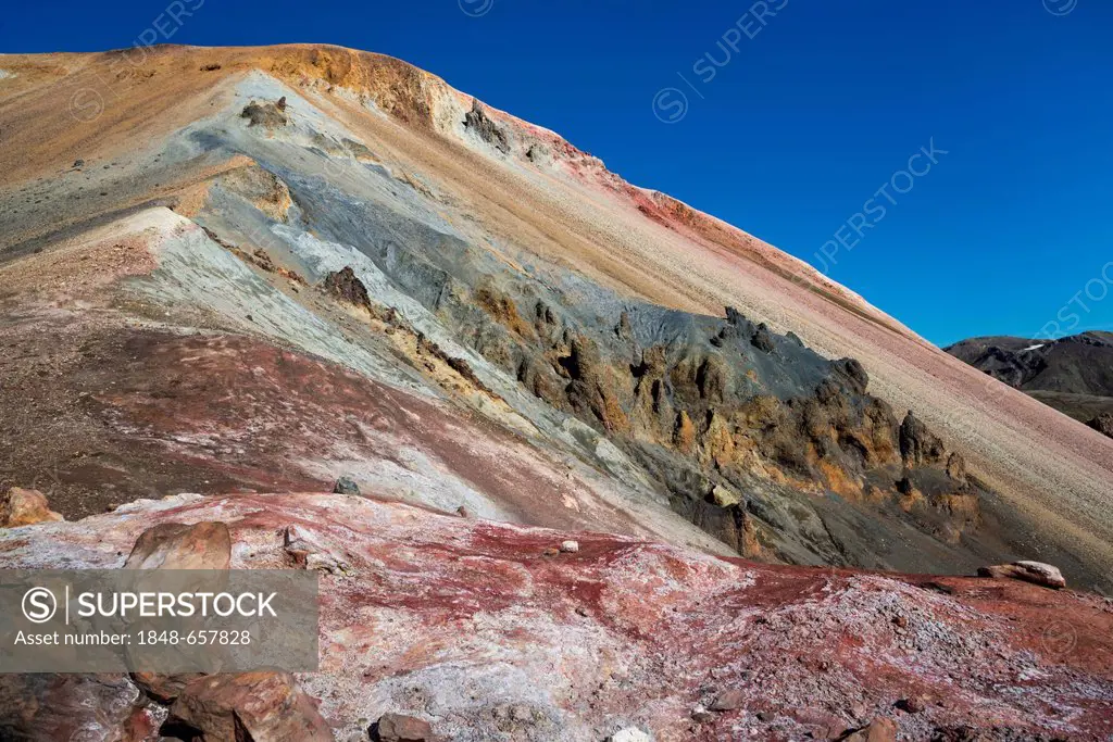 Mineral field, iron deposits, Brennisteinsalda volcano with the Laugahraun lava field, rhyolite mountains, Landmannalaugar, Fjallabak Nature Reserve, ...