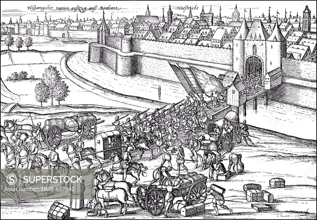 Historic drawing, the Spaniards leaving the Netherlands, departure from the city of Maastricht, Spanish Netherlands, 16th century