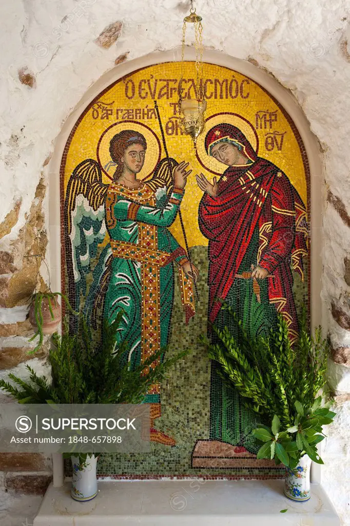 Mosaic in Moni Panagia Theotokou Monastery, Paleokastritsa, north-west Corfu, Corfu Island, Ionian Islands, Greece, Southern Europe, Europe