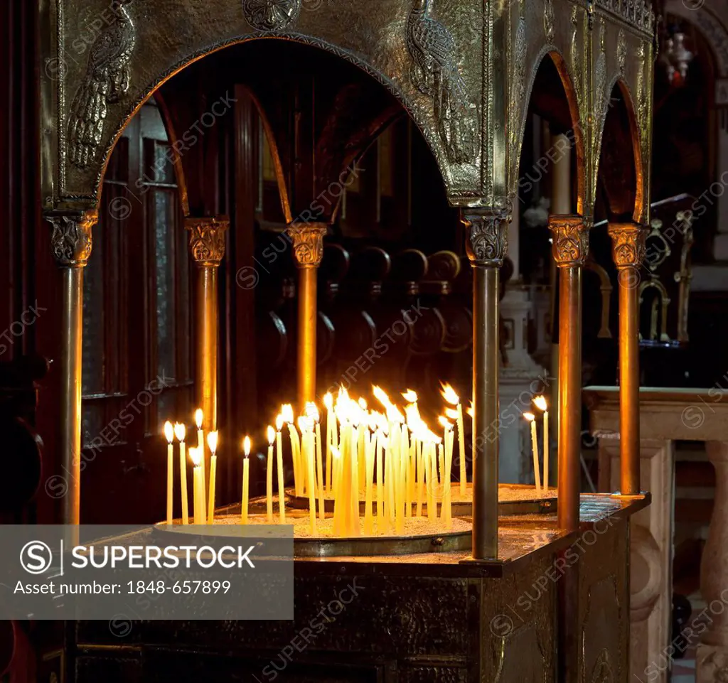 Votive candles, Church of Moni Panagia Theotokou Monastery, Paleokastritsa, north-west Corfu, Corfu Island, Ionian Islands, Greece, Southern Europe, E...