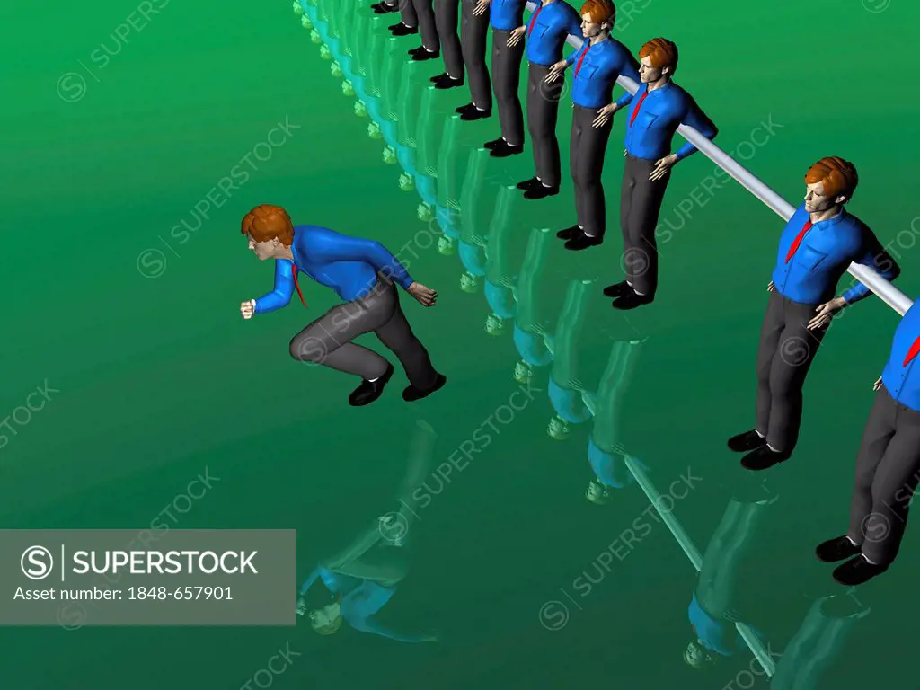 Table soccer figures, one running after the ball, illustration, symbolic image