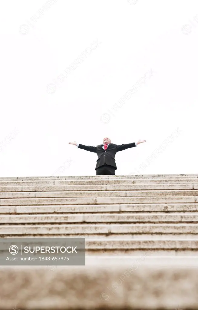 Businessman standing at the top of a staircase, cheering
