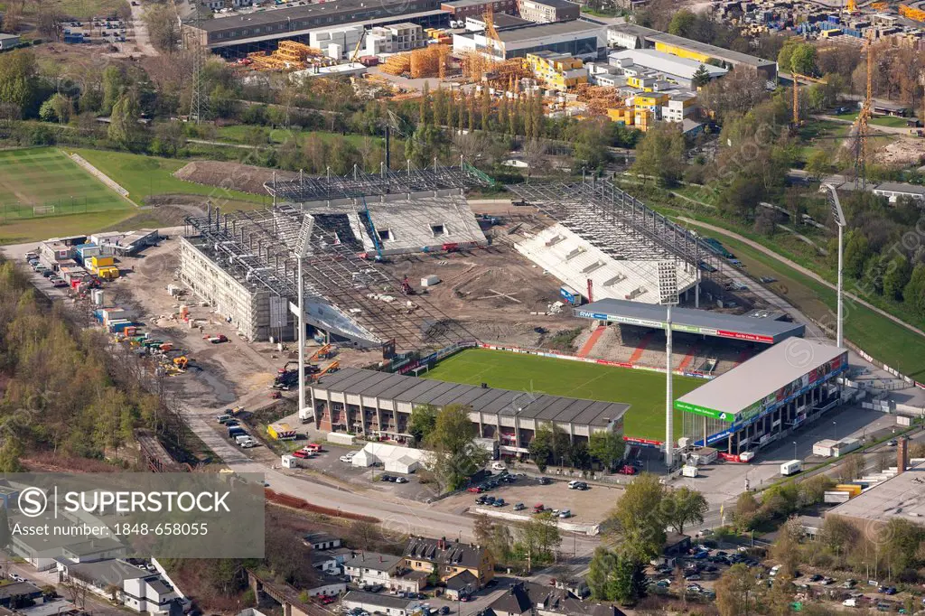 Aerial view, Rot-Weiss Essen stadium, Georg-Melches stadium, construction of the stadium, Essen, Ruhr area, North Rhine-Westphalia, Germany, Europe