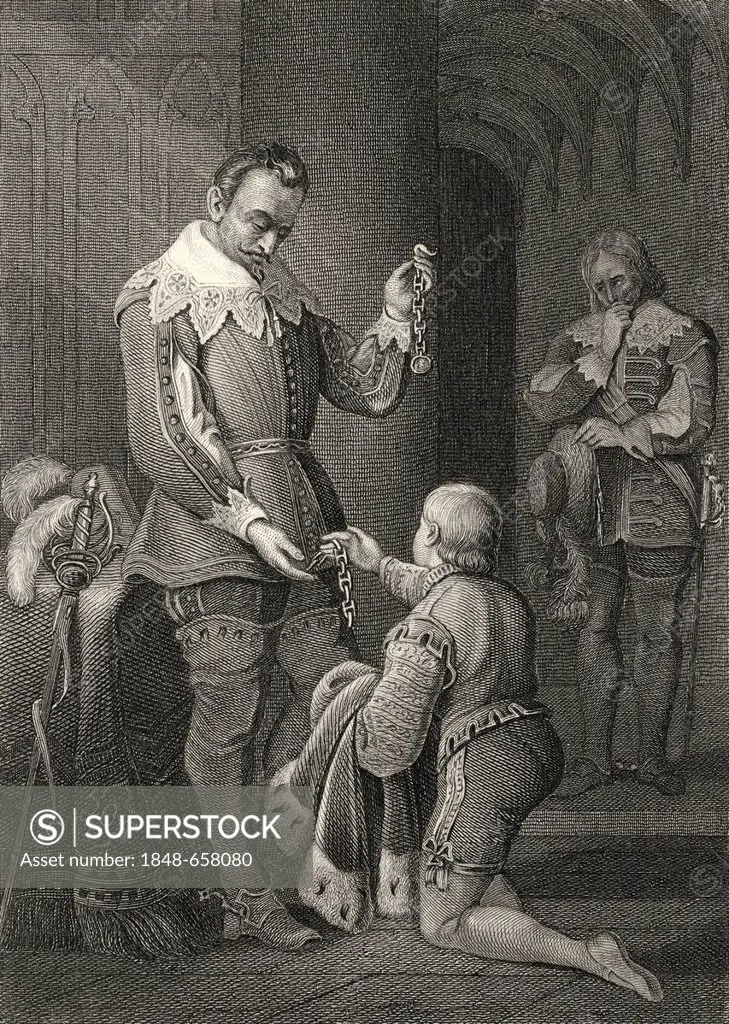 Historic steel engraving, illustration on Wallenstein's Death, a drama about General Wallenstein, 1583 - 1634, by Johann Christoph Friedrich von Schil...
