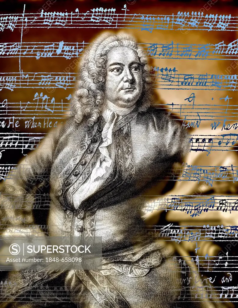Portrait of George Frideric Handel or Georg Friedrich Haendel, 1685 - 1759, a German-British composer of the Baroque, with his handwritten sheet music...