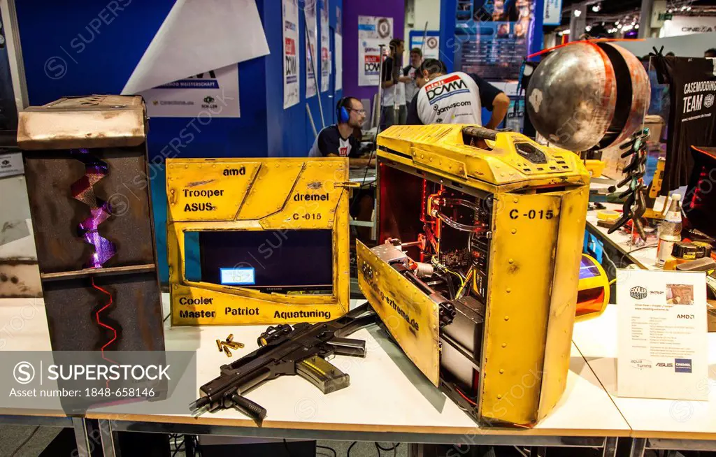Computer hardware design in a military-style, games computer for action games, first-person shooter, Gamescom, the world's largest trade fair for inte...