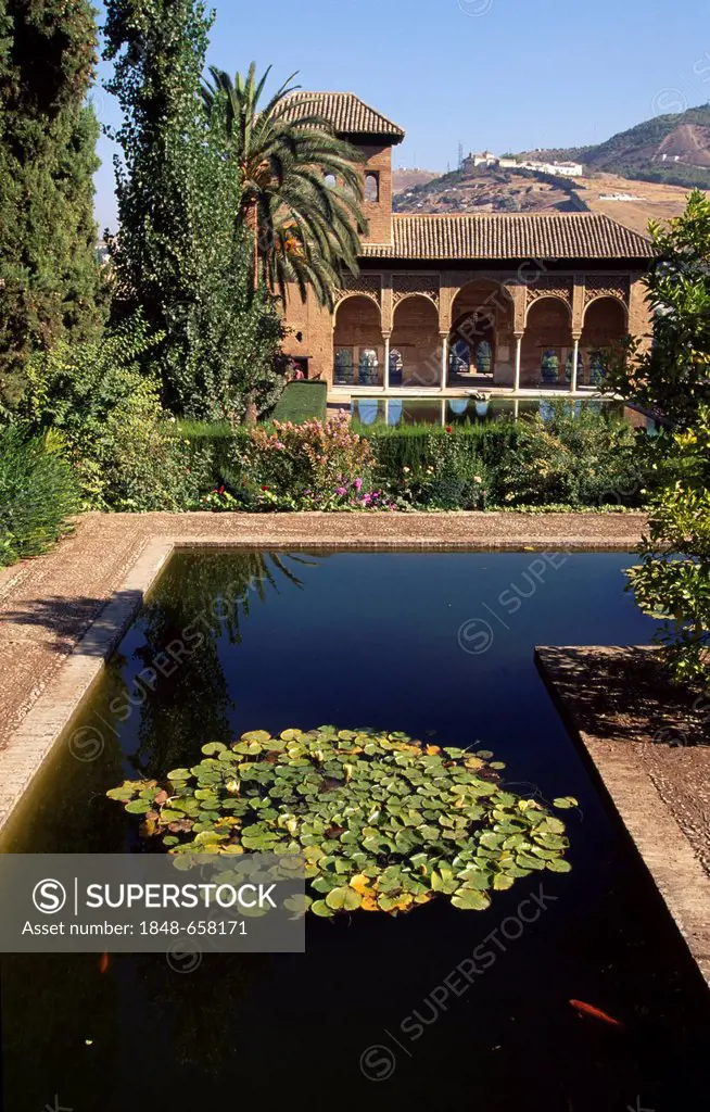 Jardines de Partal gardens in the Alhambra, Unesco World Heritage site, Granada, Andalusia, Spain, Europe