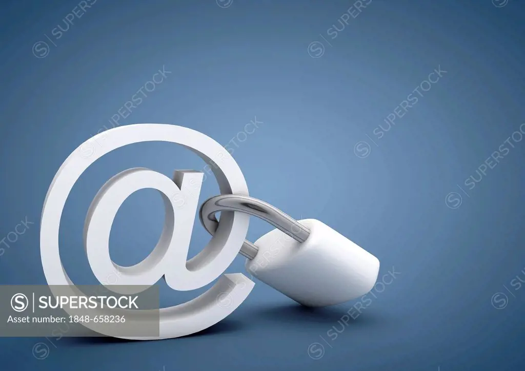 Padlock, at sign, symbolic image for security in e-mail and the internet, spam, hackers, 3D illustration