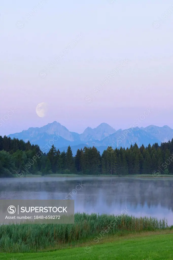 Lake Hegratsrieder with the moon, composing, near Fuessen, Allgaeu, Bavaria, Germany, Europe