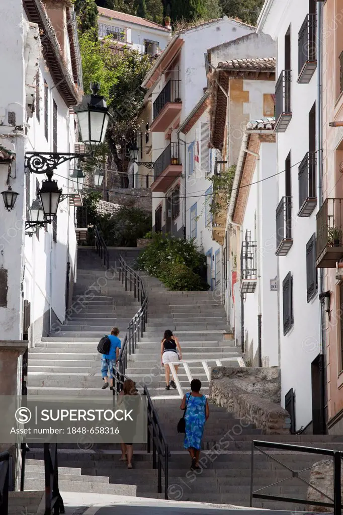 Alleyway with stairs in the Realejo quarter, city of Granada, Andalusia, Spain, Europe