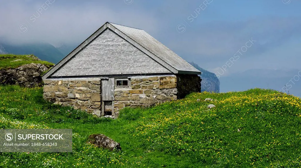 Hut at Meglisalp mountain pasture, Alpstein range, Canton of St Gallen, Switzerland, Europe