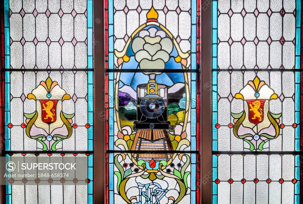 Stained-glass windows, historic Dunedin Railway Station, Dunedin, South Island, New Zealand, Oceania