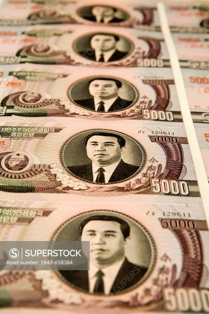 North Korean banknotes, 5000 Won each, with the portrait of Kim Il-Sung