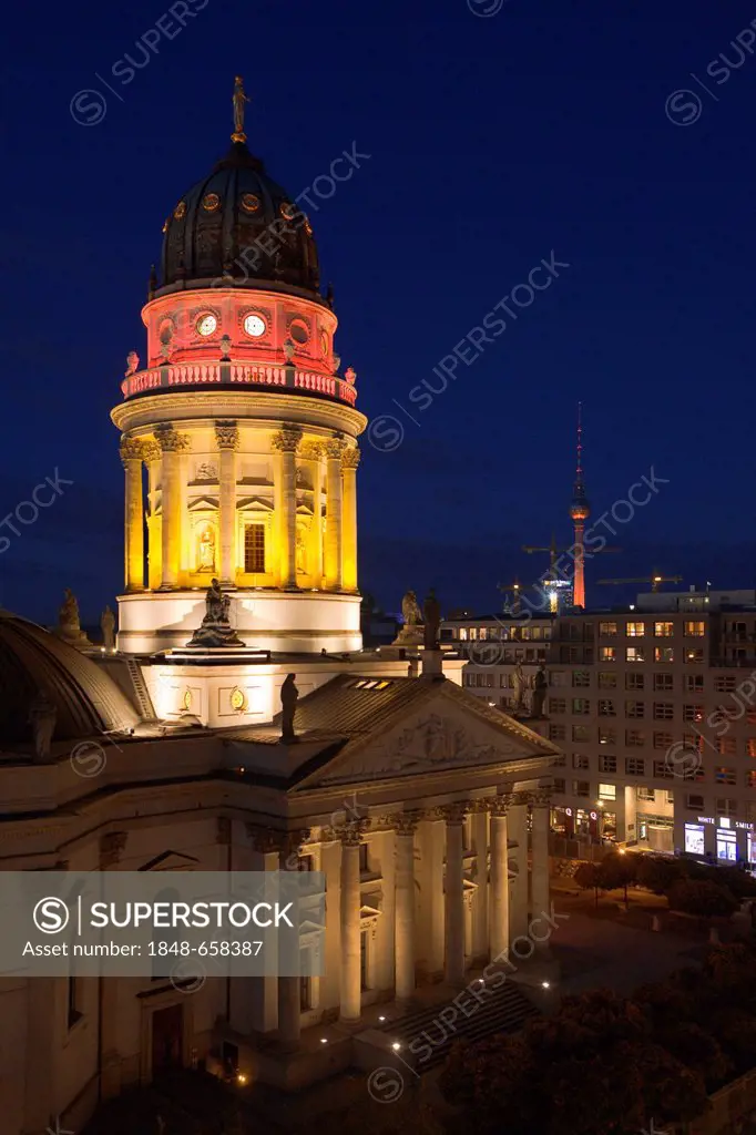 German Cathedral, Deutscher Dom, at Gendarmenmarkt square, illuminated in the German colours during the Festival of Lights, Berlin, Germany, Europe
