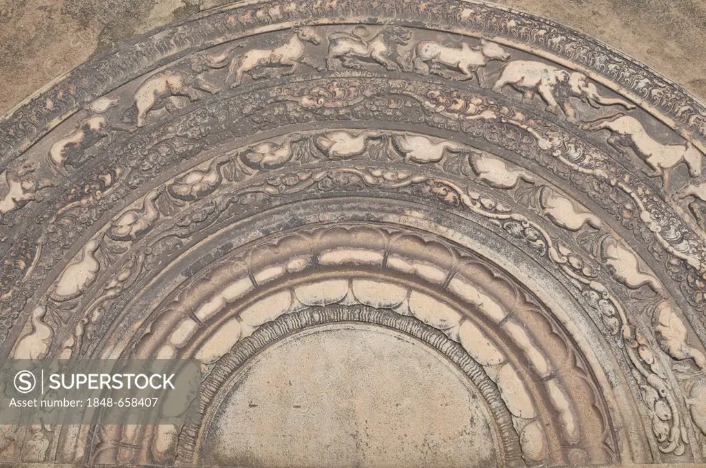 Moonstone in Mahasena Palace, Pancavasa, Anuradhapura, Unesco World Heritage Site, Sri Lanka, Ceylon, South Asia, Asia