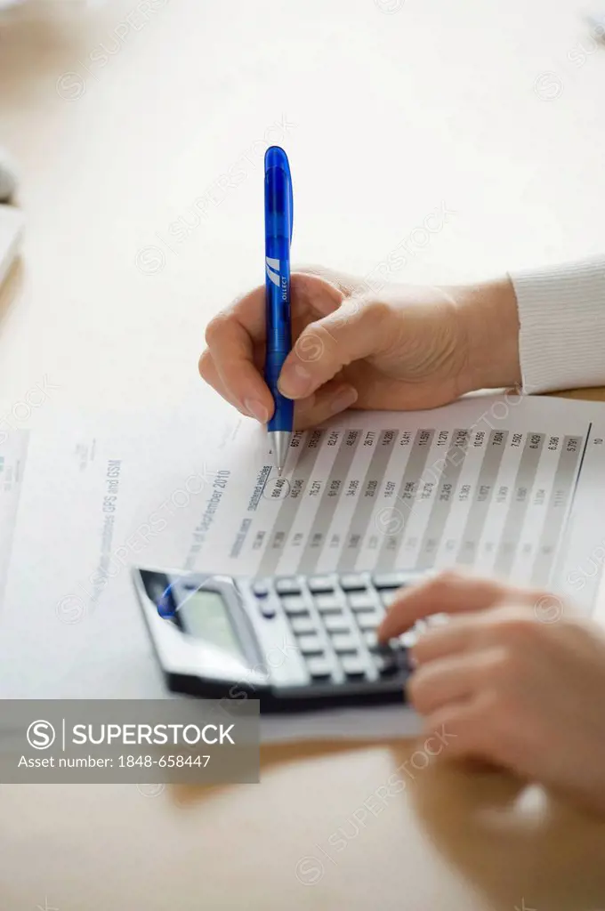 Calculation, calculator, detail, hands