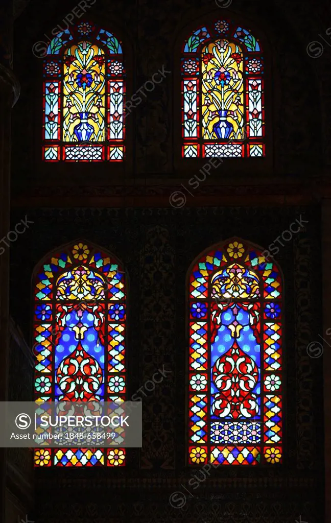 Colourful stained glass windows, interior view of the Sultan Ahmed Mosque or Blue Mosque, Sultanahmet, historic district, a UNESCO World Heritage Site...