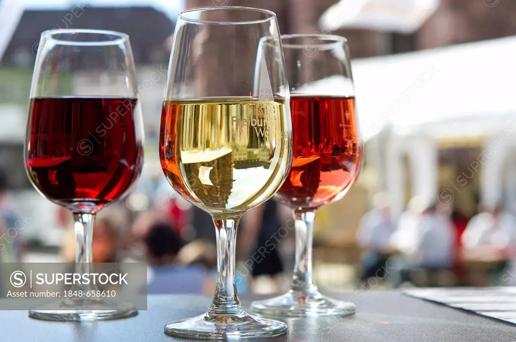 Glasses with red, white and rosé wine, wine festival, Freiburg im Breisgau, Black Forest, Baden-Wuerttemberg, Germany, Europe