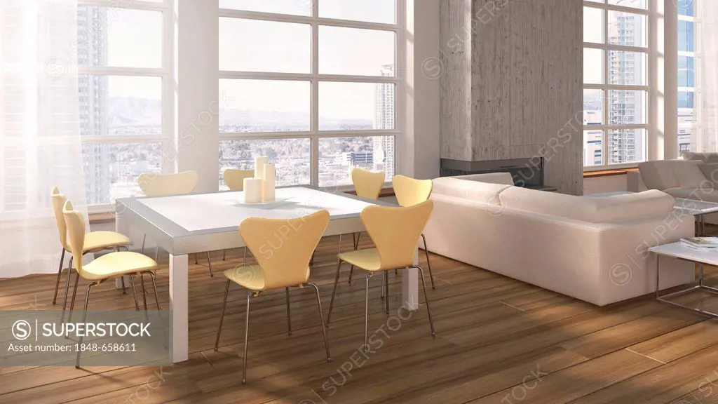 Living room with sofas, coffee table, fireplace, dining area and oak flooring, urban views, 3D illustration