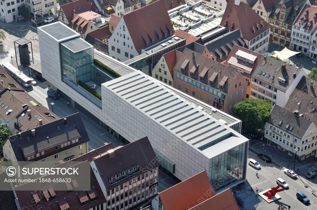 Aerial view from Ulmer Muenster, Ulm Minster, church, Kunsthalle Weishaupt, exhibition gallery, new city centre, Hans-und-Sophie-Scholl-Platz square, ...