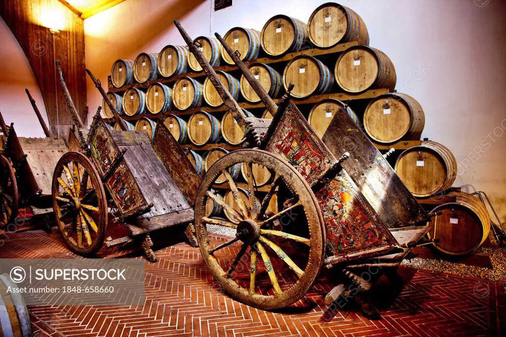 Sicilian cart in a wine cellar, Pellegrino Cellar, Marsala, Sicily, Italy, Europe
