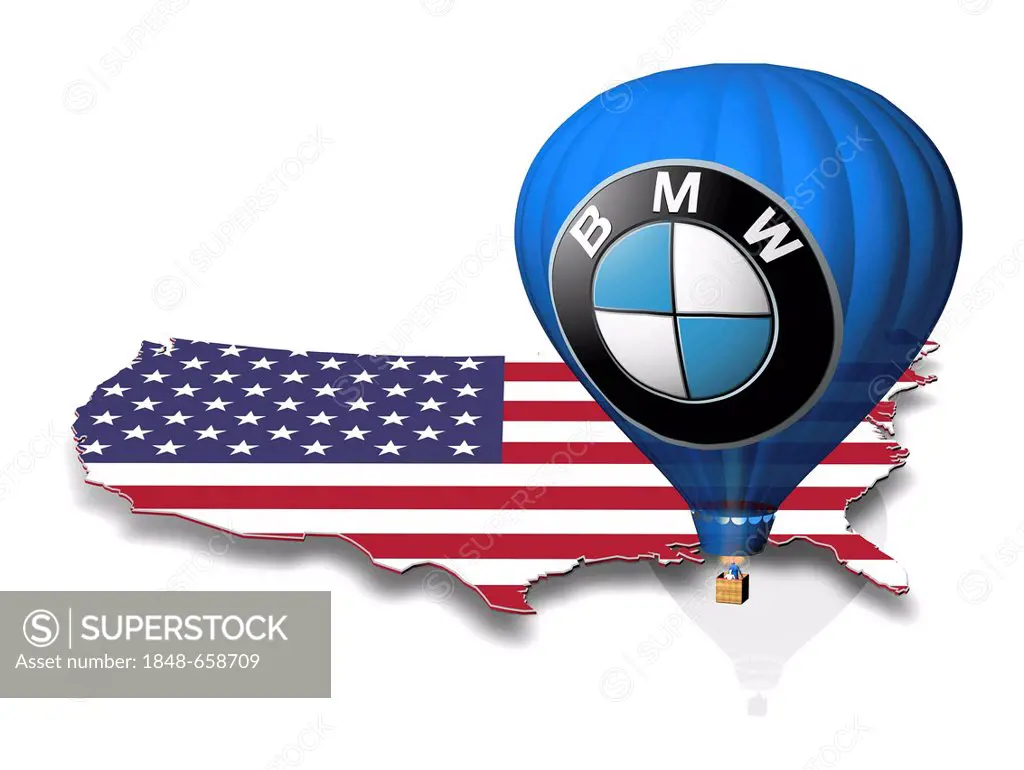 Outline of the U.S. with the national flag, hot air balloon with the logo of BMW