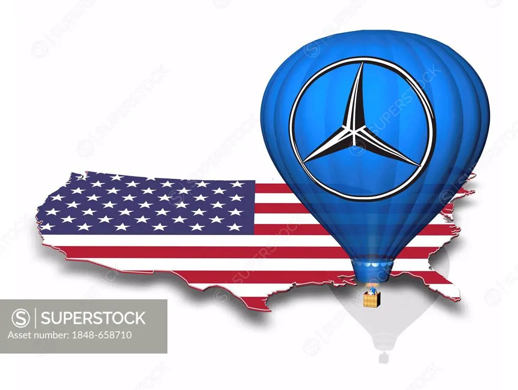 Outline of the U.S. with the national flag, hot air balloon with the logo of Mercedes Benz