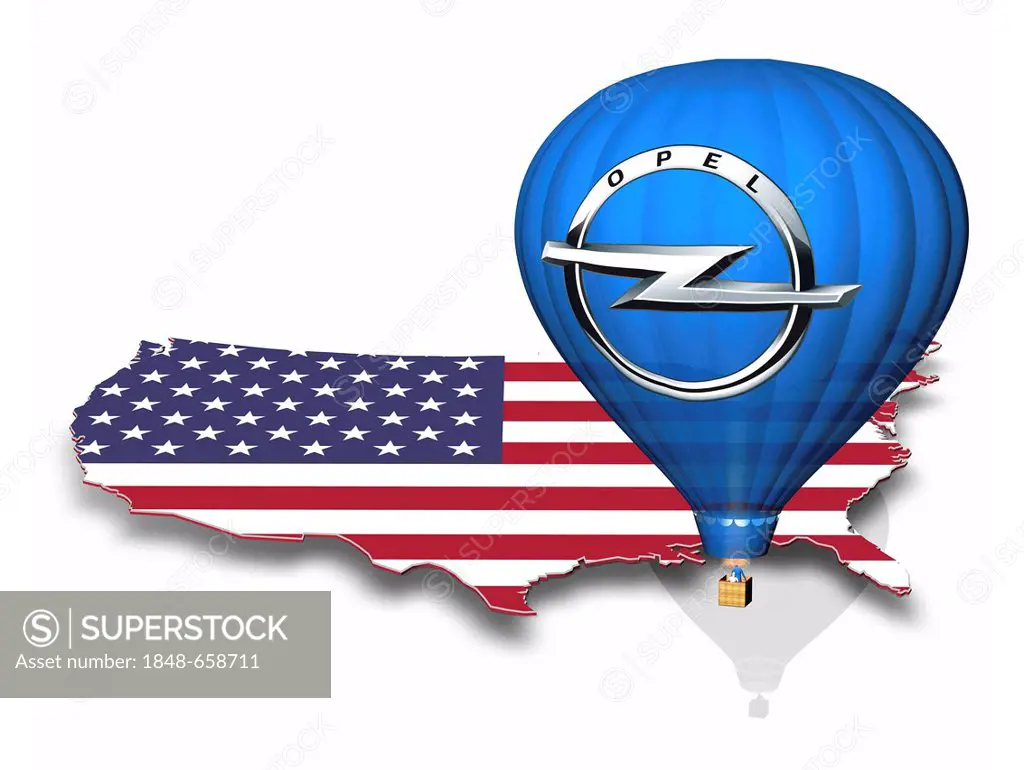 Outline of the U.S. with the national flag, hot air balloon with the logo of Opel